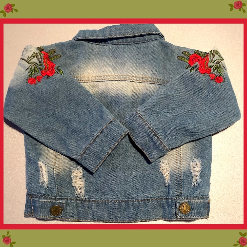 Distressed Jean Jacket w/ Embroidered Roses - Picture 6 of 7